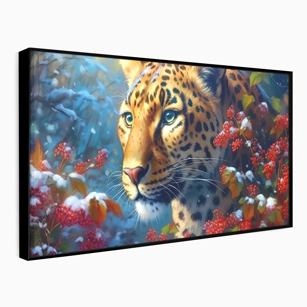 Tablou canvas cu tablou canvas cu jaguar in zapada, in rama de aluminiu negru